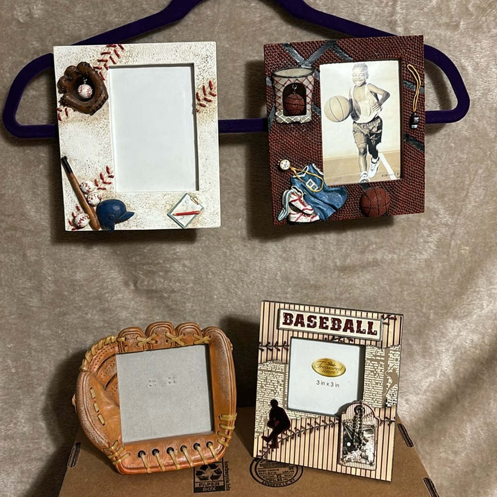 Sports theme photo frames. 3 baseball 1 basketball. Great condition
